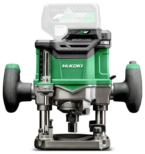 Green and gray HiKoki cordless router with dual handles, featuring a brushless motor.