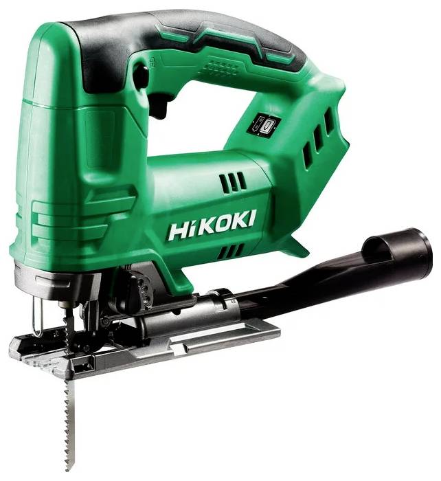 A green HiKOKI electric jigsaw with a black handle, showing the blade and footplate, is positioned against a plain white background.