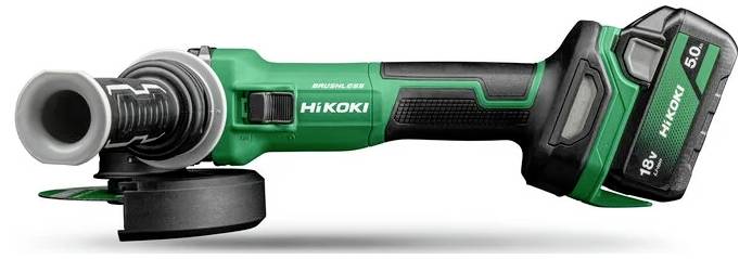 Cordless green and black angle grinder labeled 'HiKOKI', featuring a 5.0Ah battery and ergonomic design for efficient handheld use.