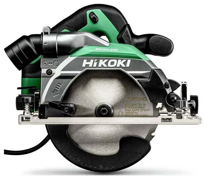 A green and black HiKOKI circular saw featuring a brushless motor, large silver blade, and ergonomic handle. Electric cord is visible.