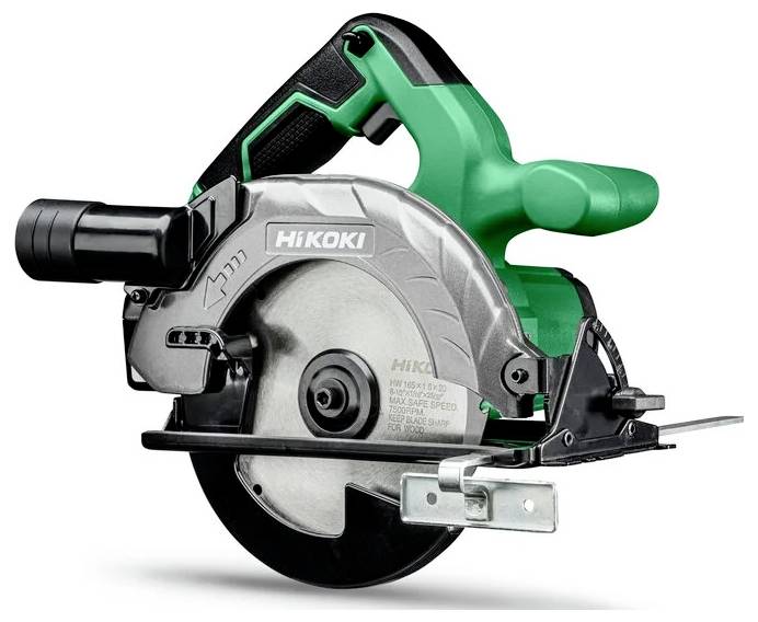 A green and black handheld circular saw with the brand name 'HiKOKI' displayed on the side, featuring a silver blade and ergonomic handle.
