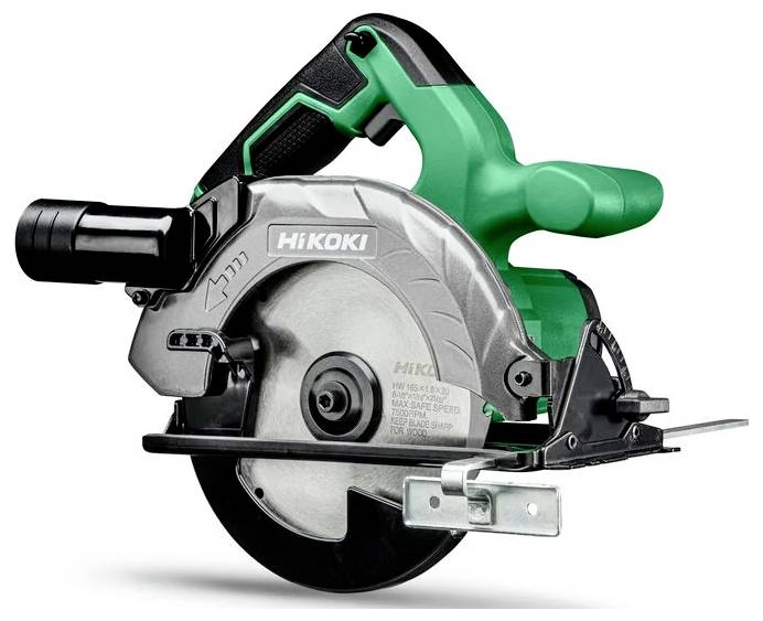 A green and black electric circular saw with a metal blade, branded 'Hikoki,' designed for cutting wood and other materials.