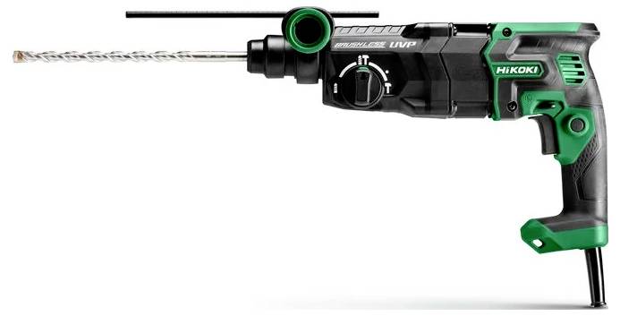 A green and black power drill with a side handle and drill bit attached, featuring a control dial and the brand name 'HiKoki' on the side.