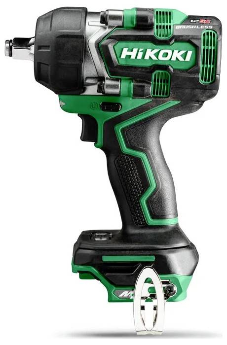 A green and black cordless impact driver labeled 'HiKOKI' with brushless motor, designed for drilling and fastening tasks.