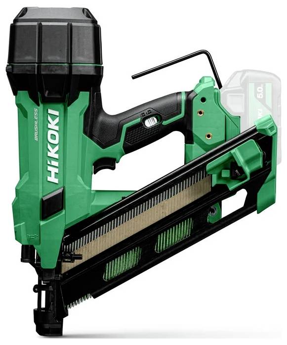 A green and black cordless nail gun with 'HiKOKI' logo, angled magazine, and a visible battery.