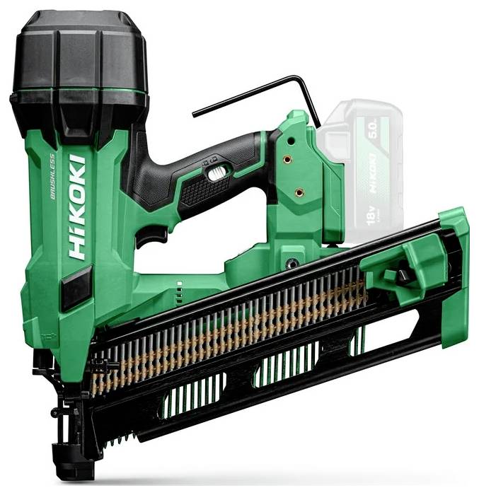 A green and black Hikoki nail gun with a visible nail strip, designed for heavy-duty construction tasks.