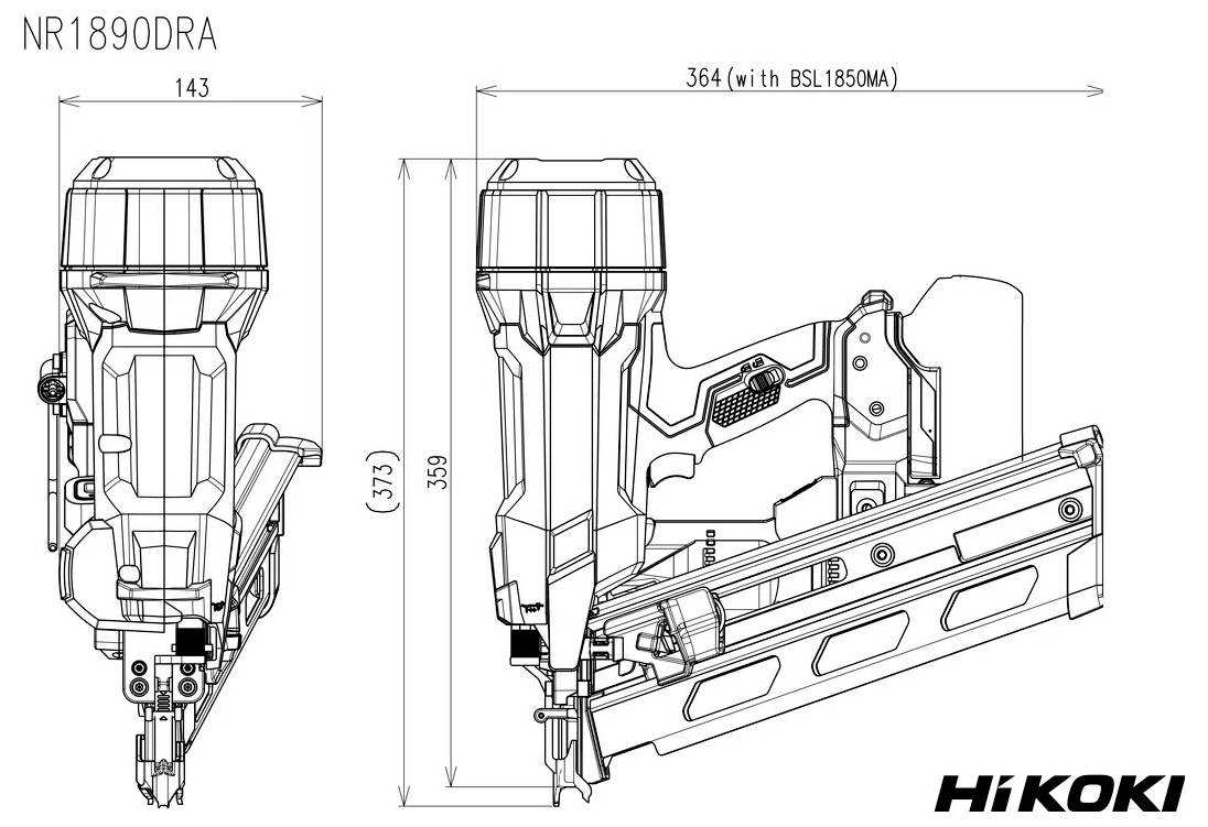 'NR1890DRA' technical drawing by HiKOKI, showing detailed dimensions and design of a nail gun. Main body and side view included.