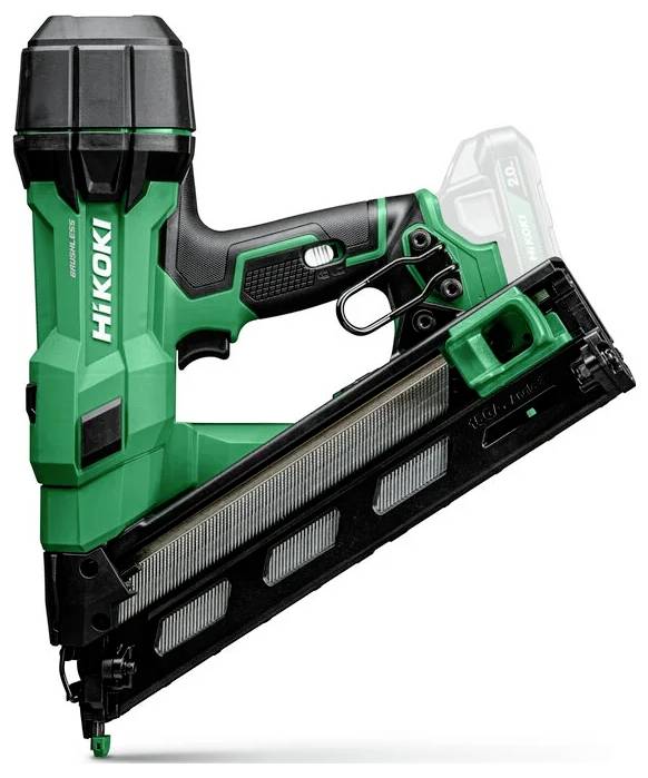 A green and black Hikoki nail gun with a side magazine, showing its angled design and ergonomic grip.