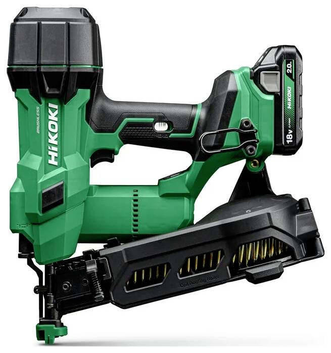 Green and black cordless nail gun with 'Hikoki' branding, designed for heavy-duty construction tasks, featuring an angled magazine.