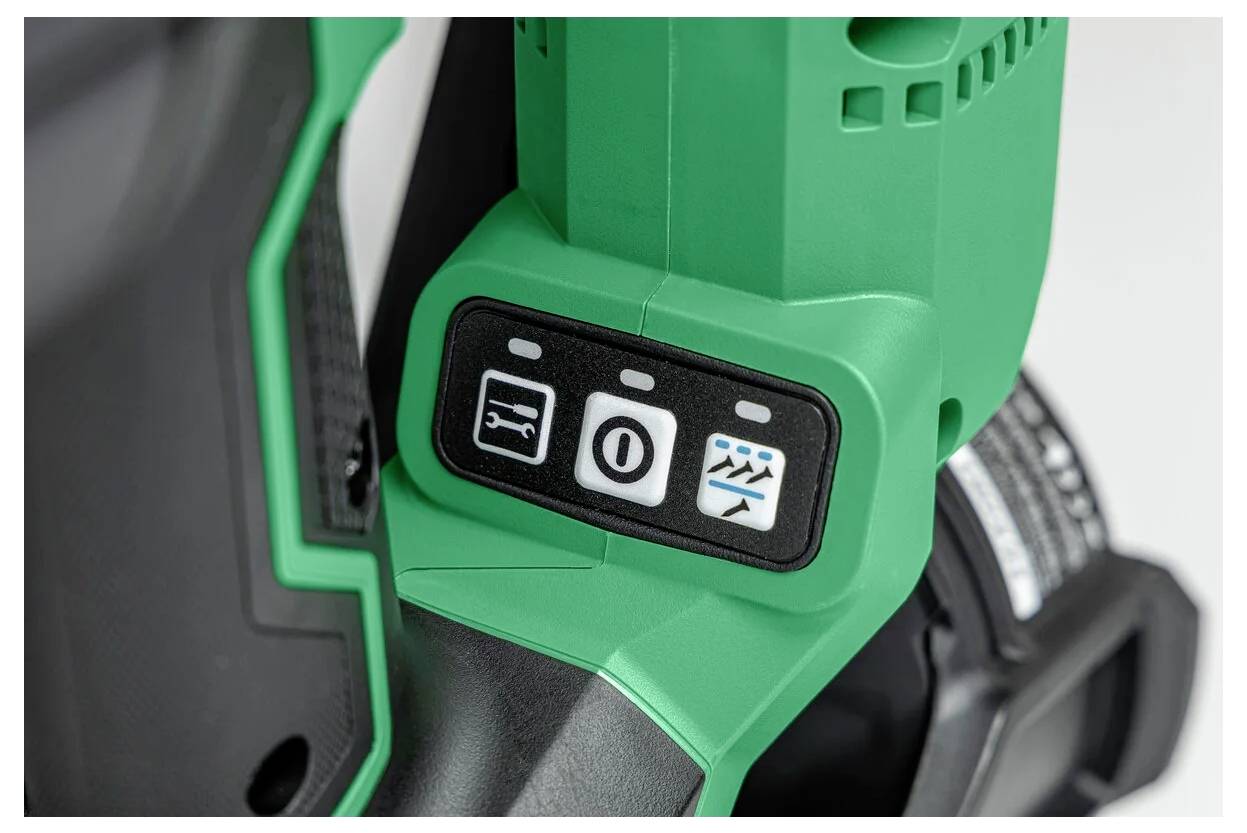 A green power tool with three buttons showing icons: connectivity, power, and settings with wave-like adjustments.