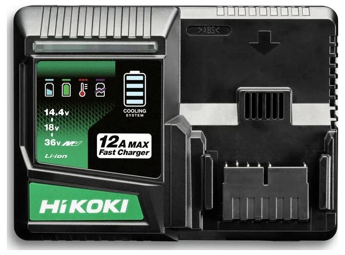 Black and green HiKOKI lithium-ion battery charger with specifications indicating 14.4v, 18v, and 36v compatibility and 12A max fast charge.