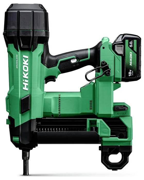 Green Hikoki cordless nail gun with a black handle and battery, designed for efficient nailing in construction and carpentry.