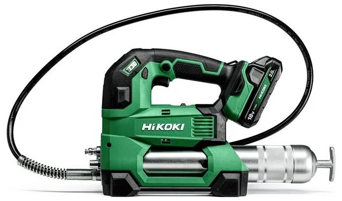 A green cordless caulking gun with a flexible black hose. It has a battery pack and is designed for sealant application.