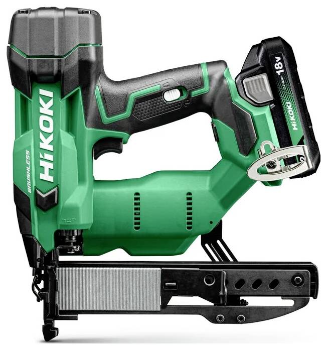 A green and black 18V cordless HiKOKI nail gun with ergonomic handle, magazine, and trigger, designed for construction use.