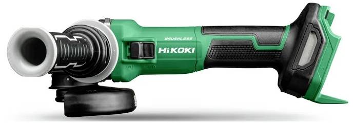 Cordless green and black angle grinder with 'HiKOKI' logo and ergonomic handle, designed for cutting and grinding tasks.