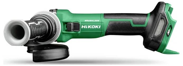 A green and black HiKOKI cordless angle grinder with a brushless motor, featuring a side handle and safety guard.
