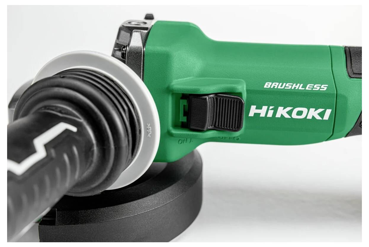 A green, brushless HiKOKI power tool focused on the handle and side grip, placed on a neutral surface.