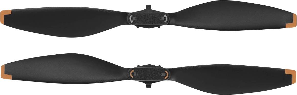 Two black propeller blades with orange tips, aligned horizontally, one above the other, top view.