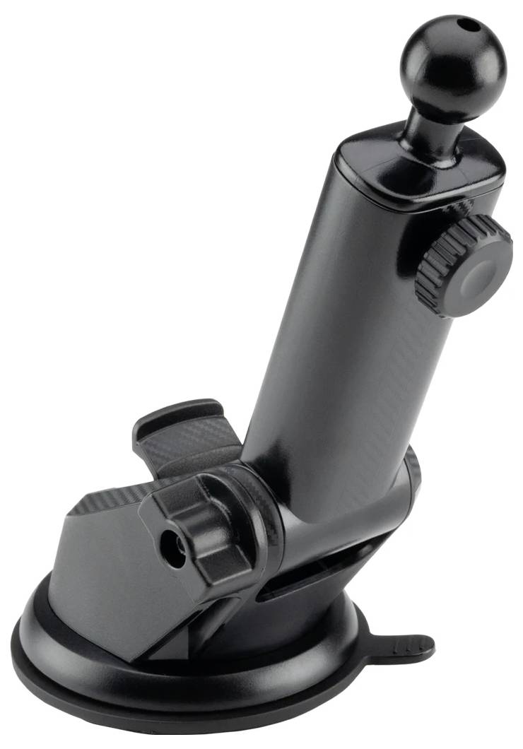 A black adjustable camera mount with a suction base, designed for secure attachment to flat surfaces, shown in an upright position.