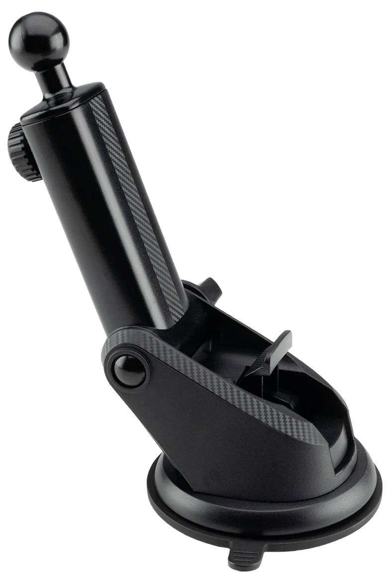 Black suction cup mount for cameras or devices, featuring an adjustable arm and knob for positioning on various surfaces.