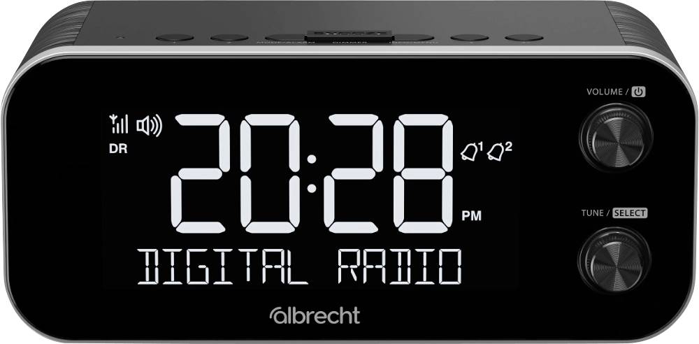 Digital radio clock displaying '20:28 PM', with volume and tune knobs on the right side.