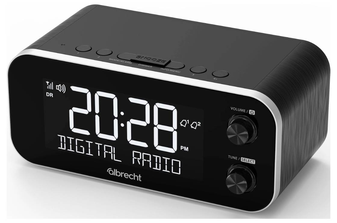 A black digital radio clock displays '20:28' and 'DIGITAL RADIO' with volume and tune control knobs on the right side.