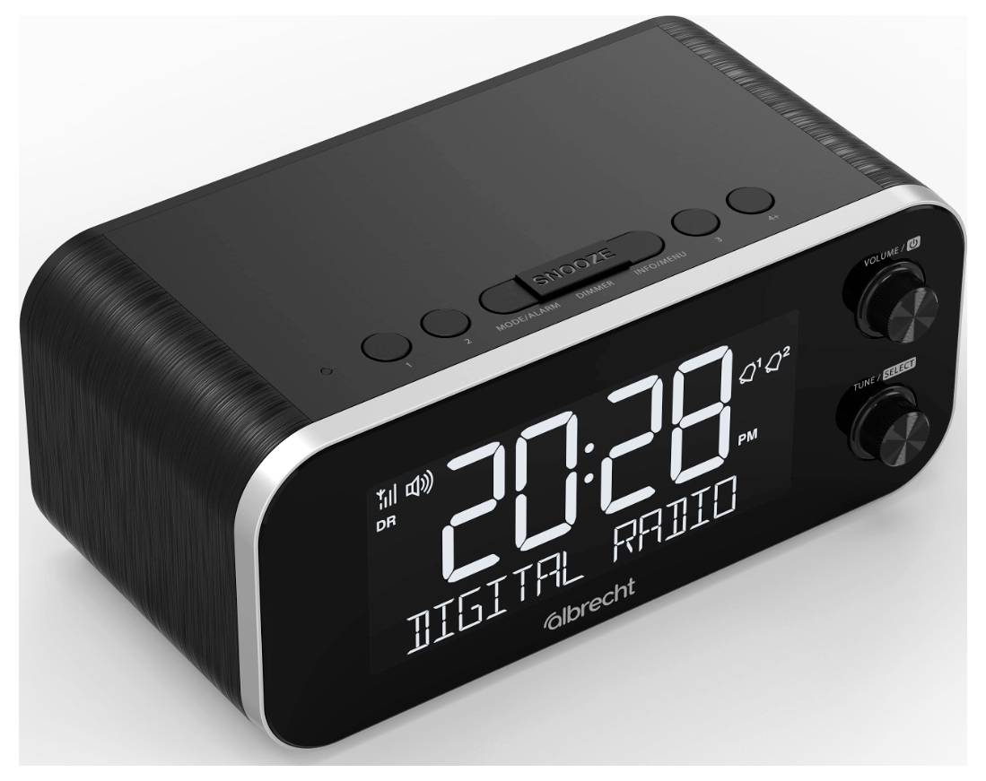 A digital radio clock displaying '20:28'. The front has buttons and a screen showing the time, radio signal strength, and 'DIGITAL RADIO'.
