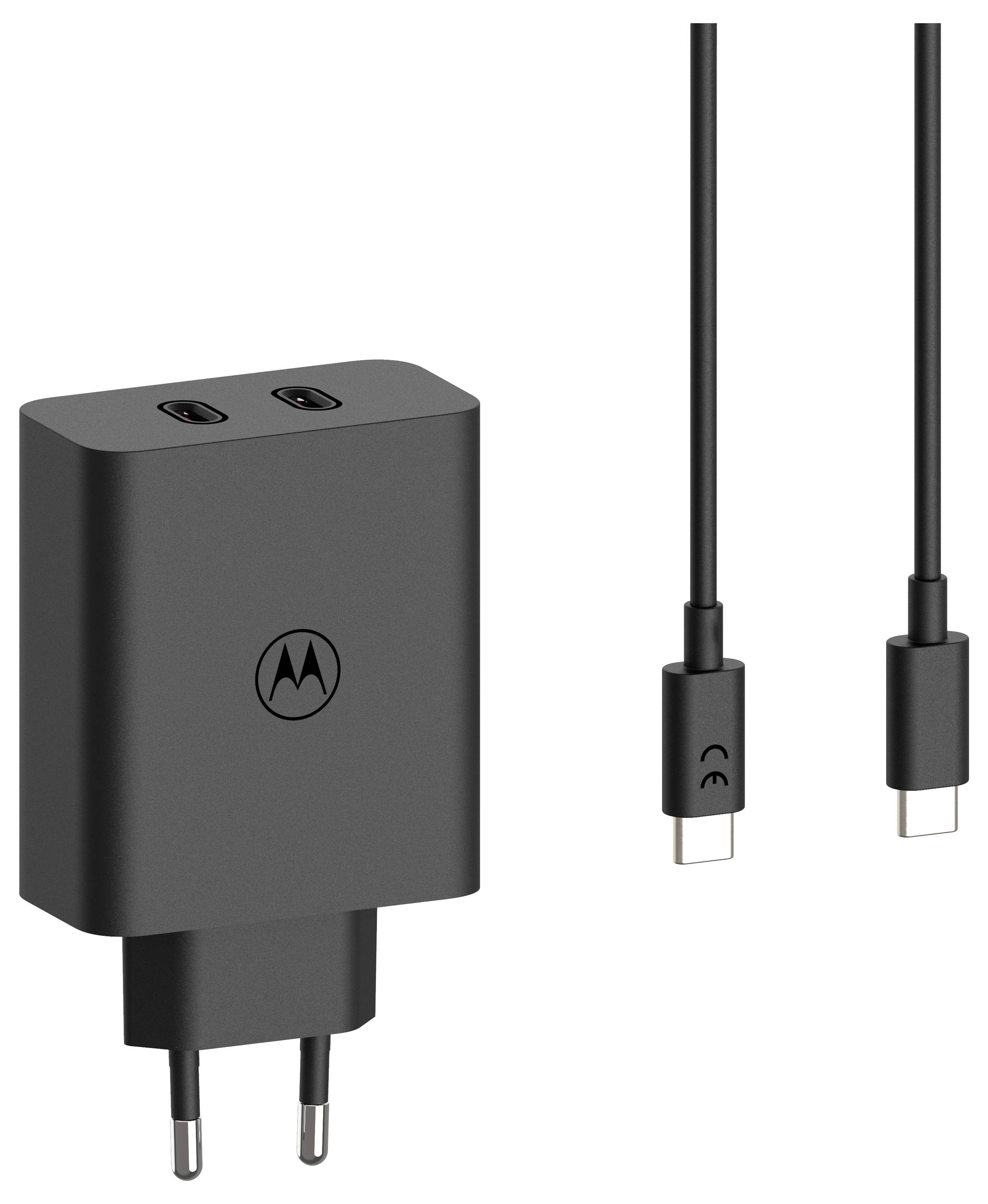 A black Motorola dual USB-C wall charger with two USB-C cables, designed for quick charging of compatible devices.