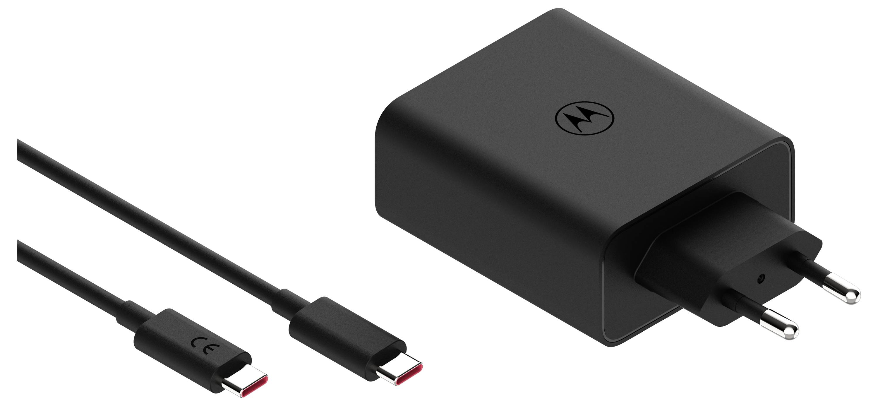 A black USB-C wall charger with a corresponding USB-C cable, showcasing its plug and connector type.