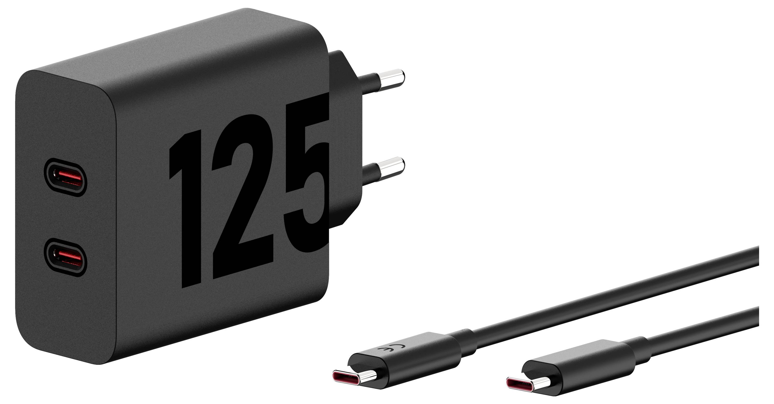 A black dual-port wall charger with '125' printed on it, comes with two USB-C cables.