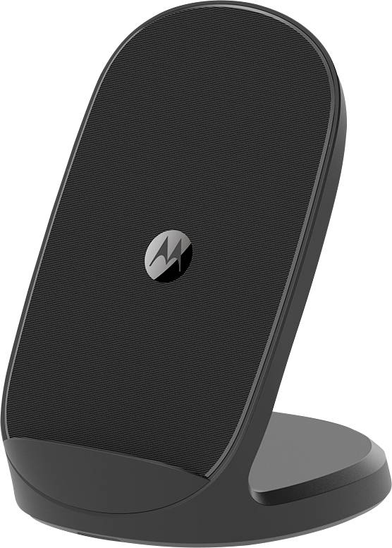 A black, upright wireless charger with a sleek, minimalistic design. The Motorola logo is centered on the charger.