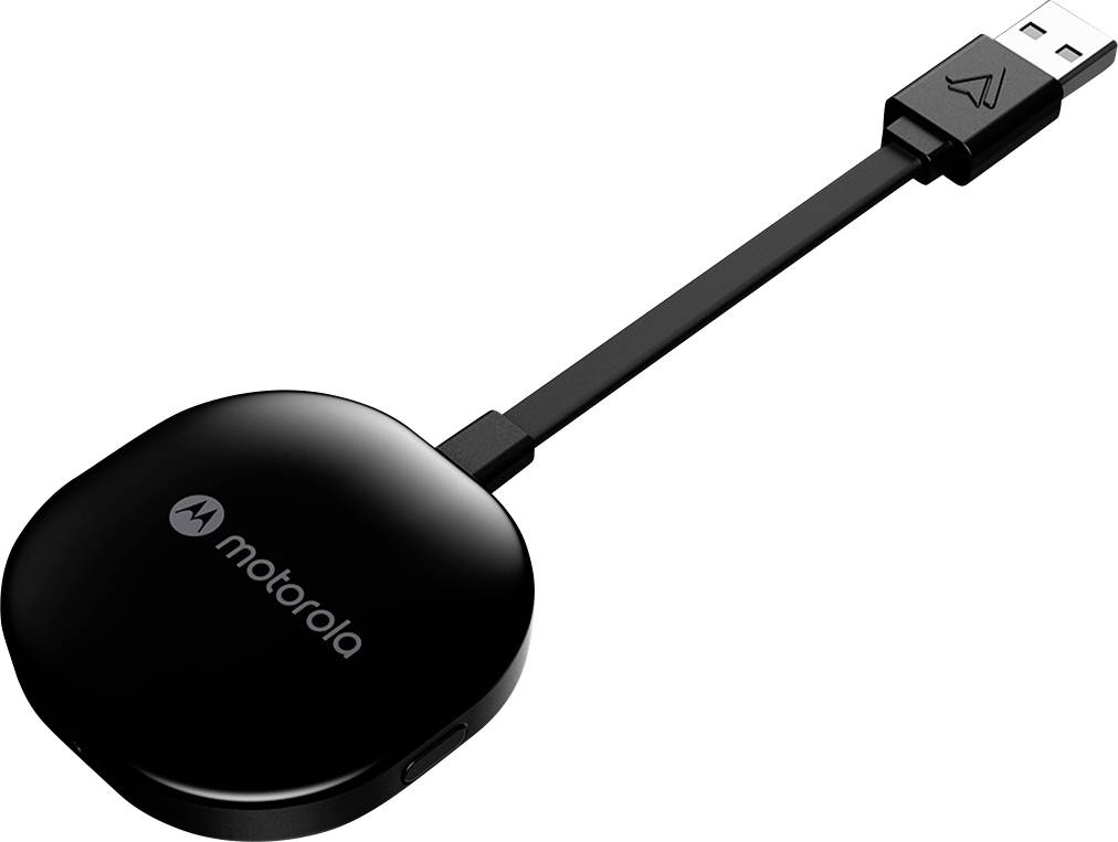 A Motorola HDMI streaming device with a USB connector, designed for connecting televisions to streaming services and online content.