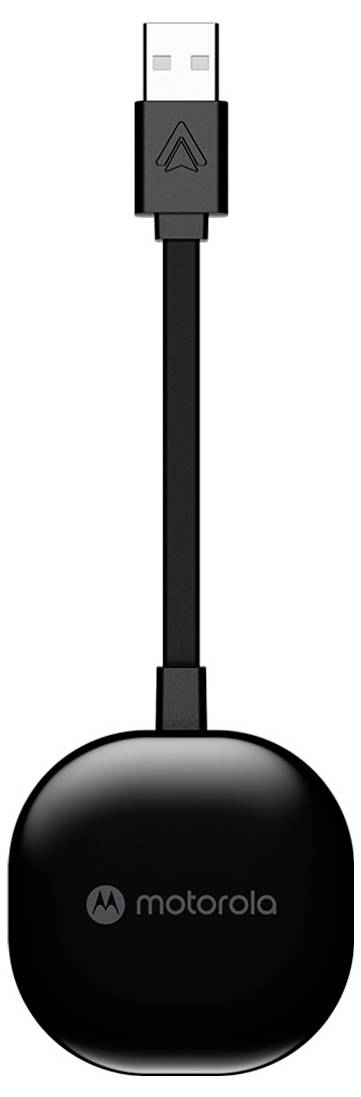 A small, round, black Motorola wireless USB adapter with a short cable and USB connector.