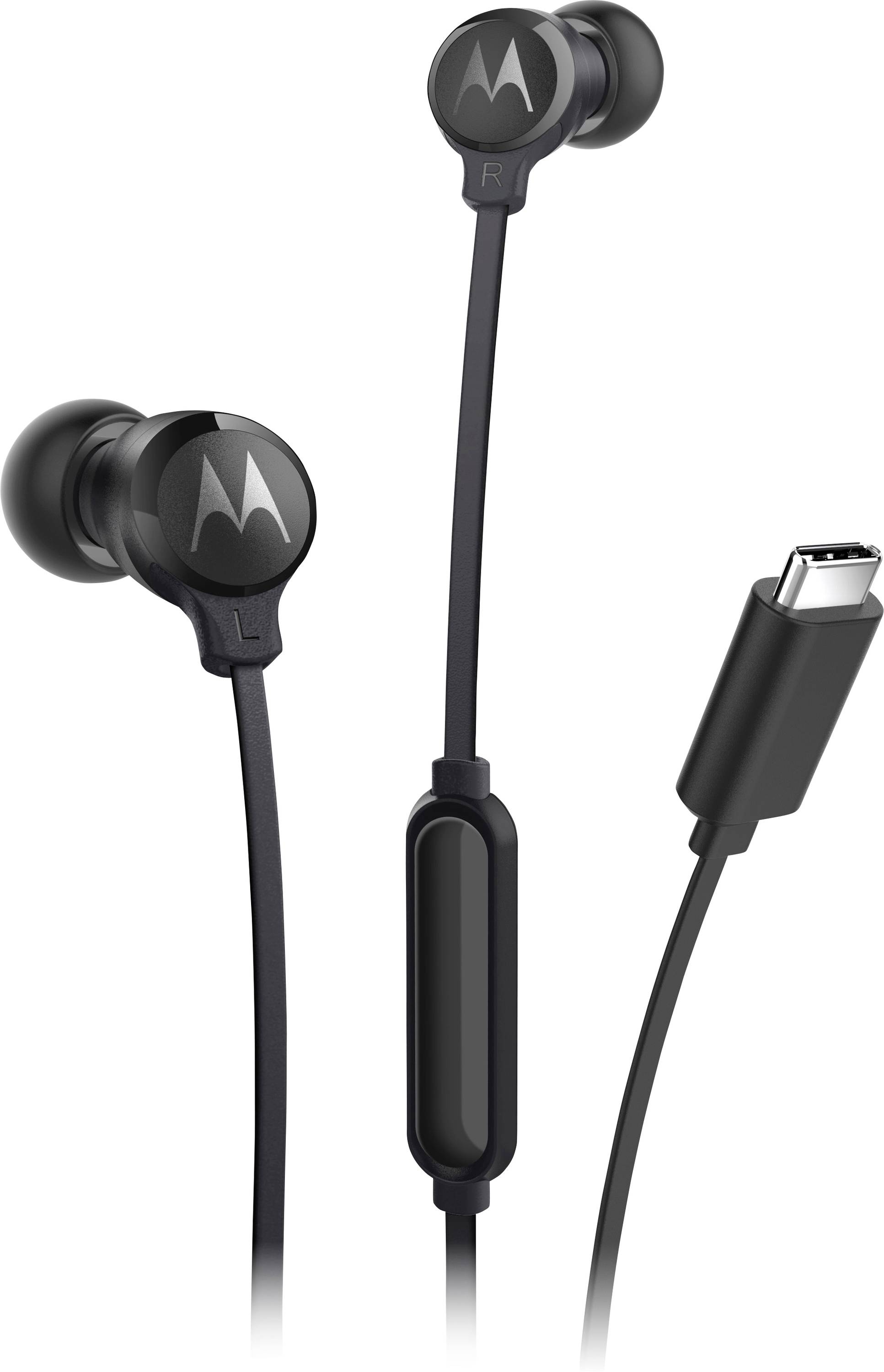 Black in-ear headphones with a USB-C connector and an inline remote control.