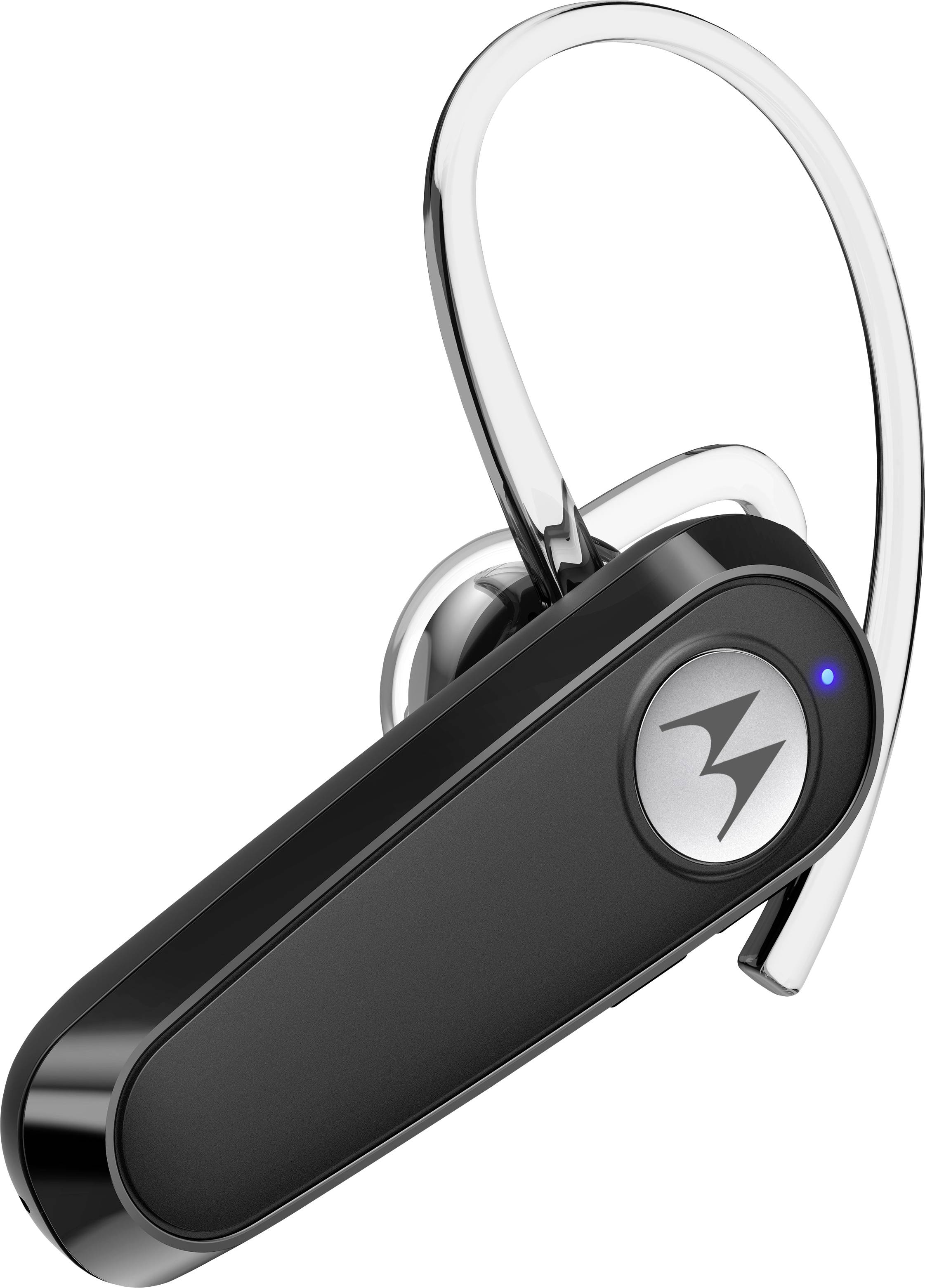 A sleek, black Motorola Bluetooth earpiece with a silver loop, featuring a blue indicator light and Motorola logo on the side.