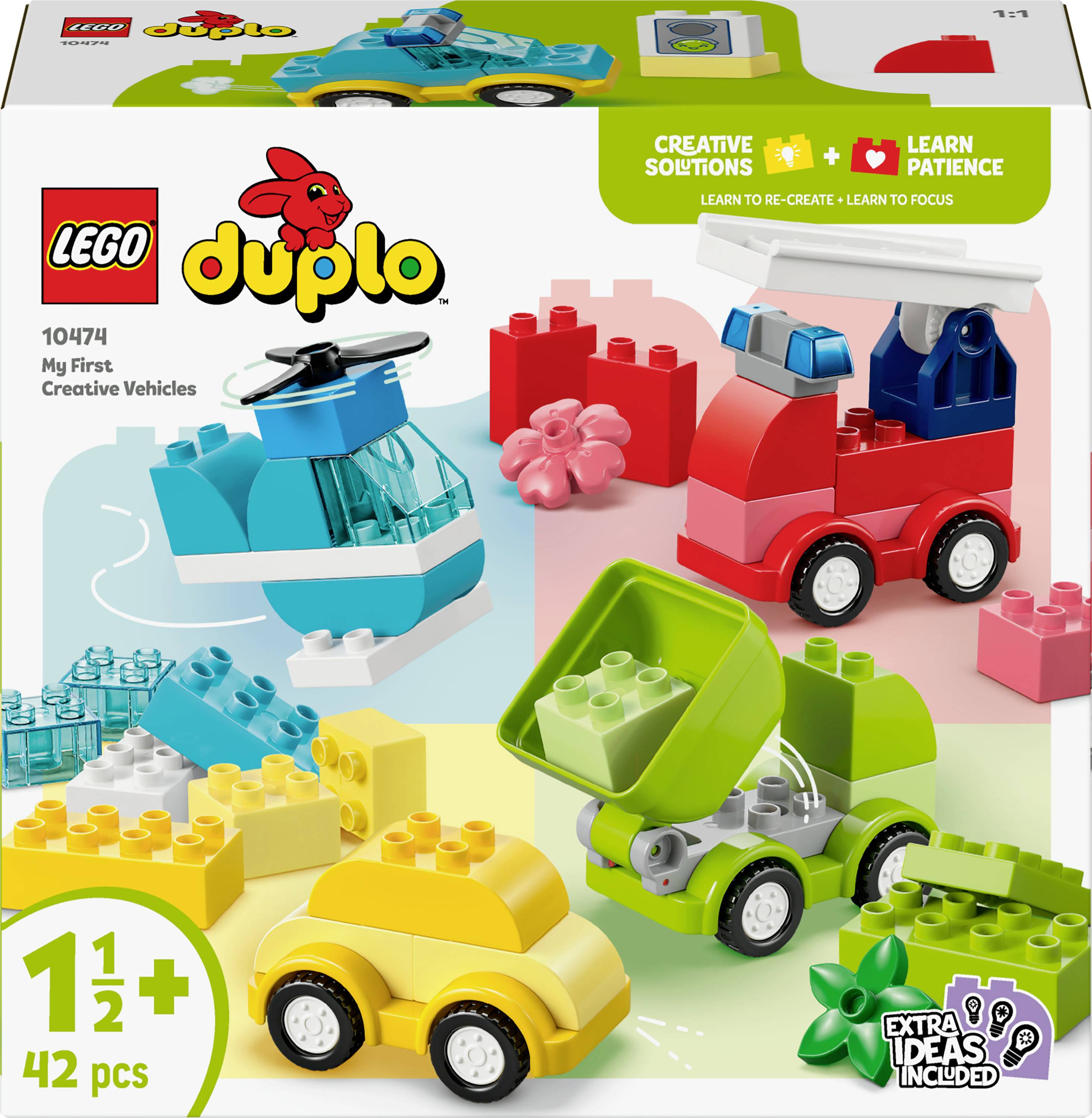 LEGO Duplo 'My First Creative Vehicles' box showing colorful toy vehicles and blocks for children aged 1.5 years and up. Contains 42 pieces.