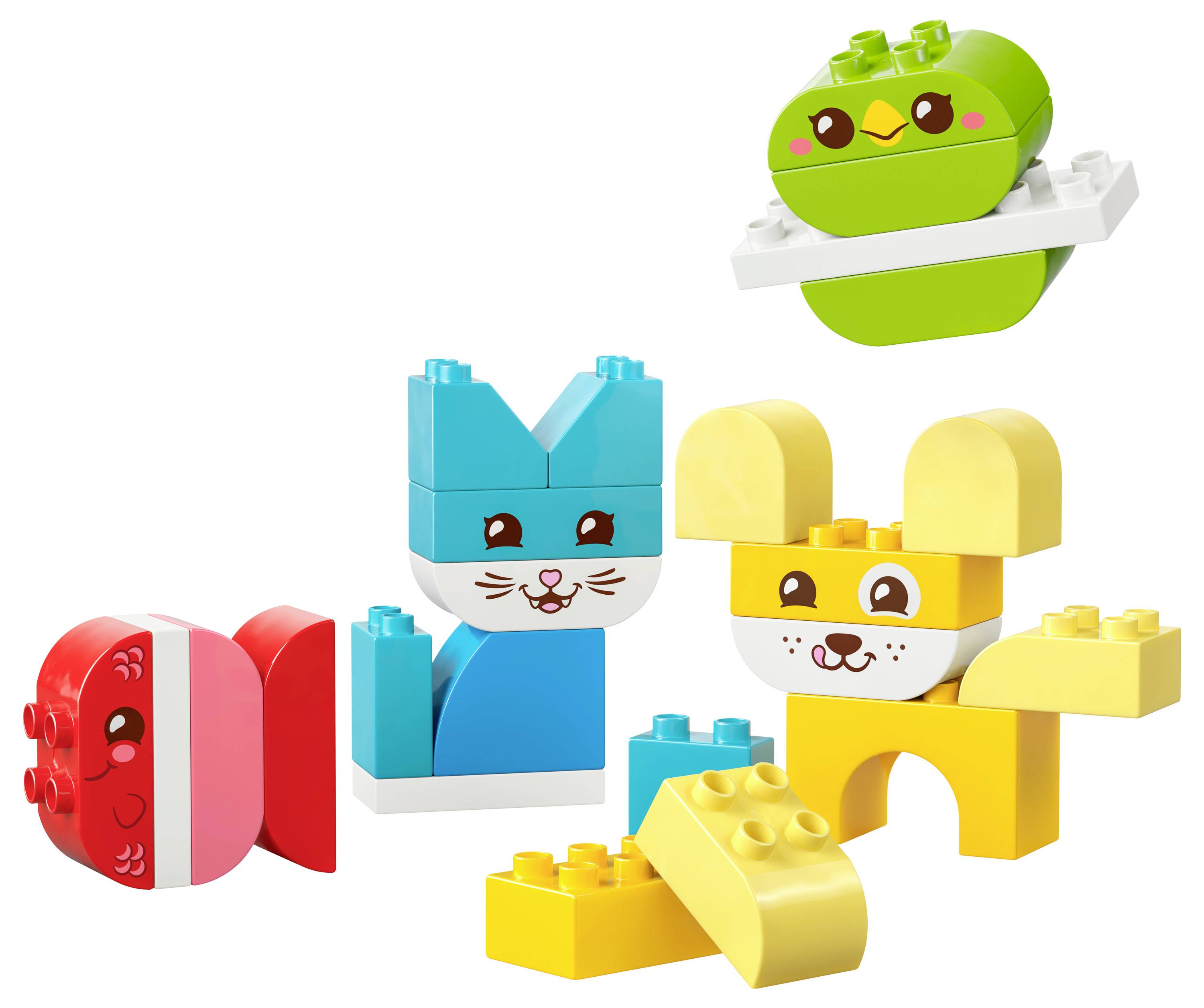 Stacked colorful toy blocks forming red cylinder, blue rabbit, yellow dog, and green helicopter with cute facial expressions.