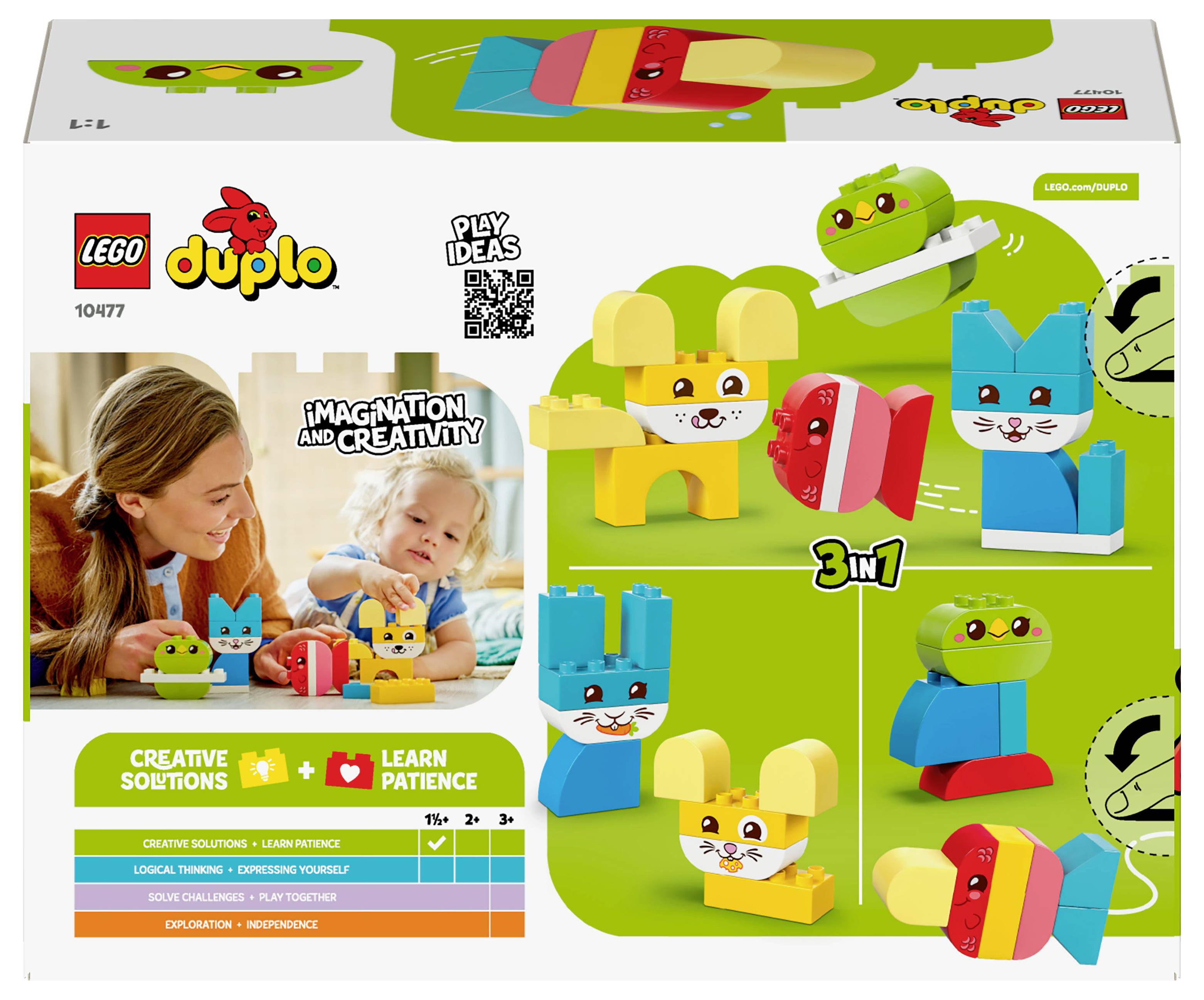 'Lego Duplo Play Ideas' box showing creative animal builds, featuring playful animals in green, blue, and orange, with a child playing.
