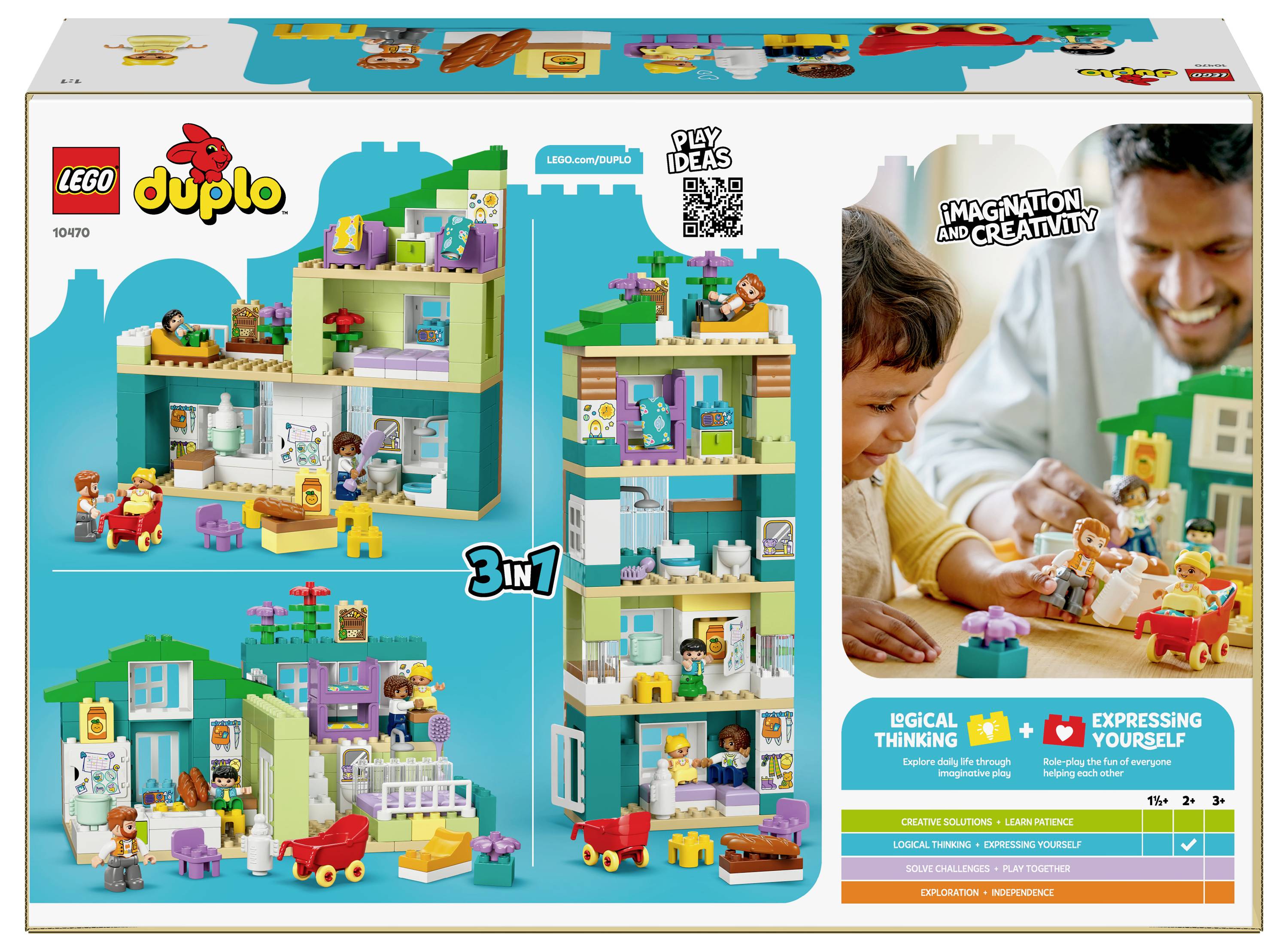 A child's LEGO Duplo playset box with a city building theme. Features three building variations. Includes colorful bricks and minifigures.