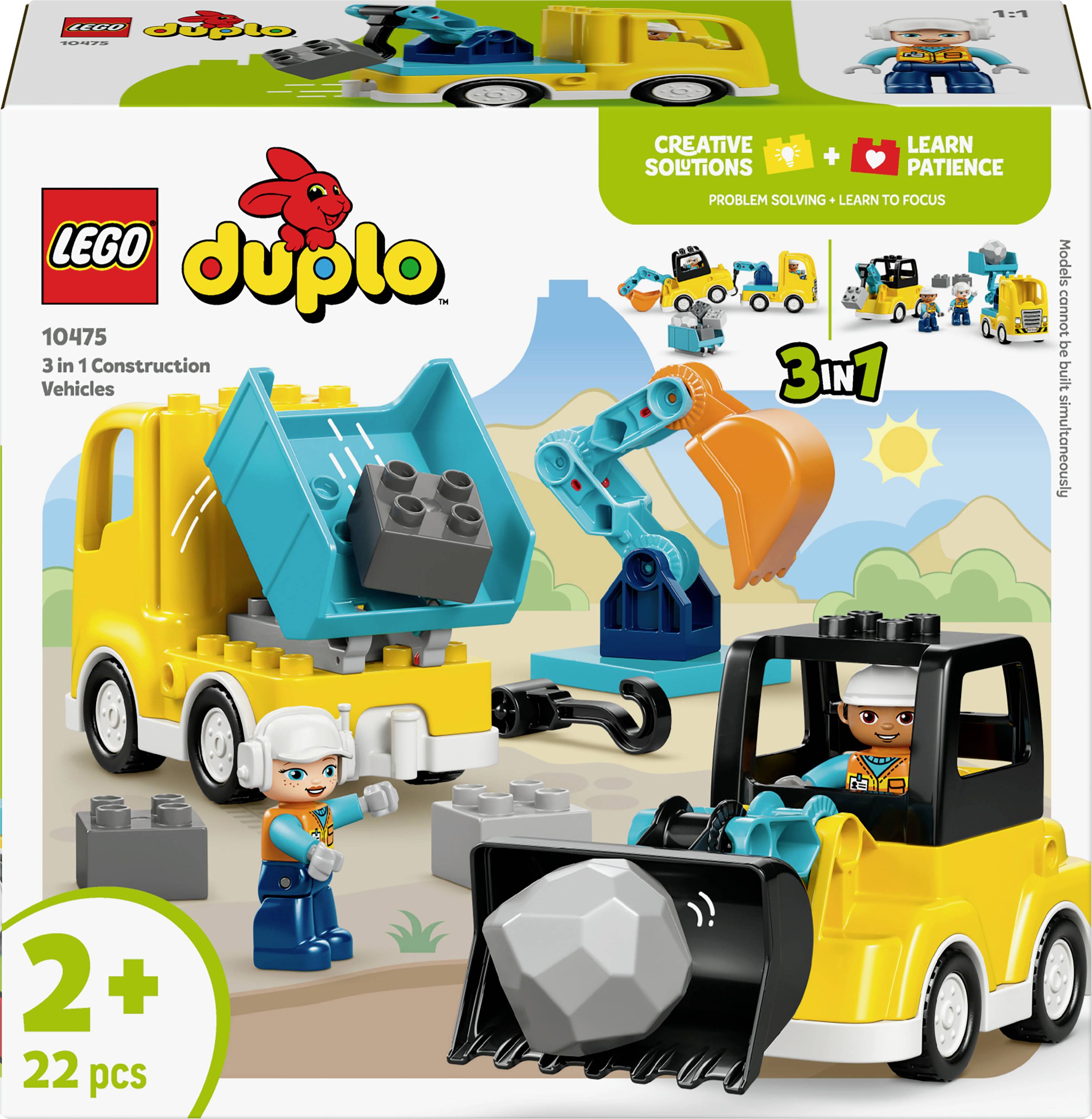 Lego Duplo 3-in-1 construction vehicles set, 22 pieces, for ages 2+. Includes dump truck, digger, and bulldozer with construction workers.