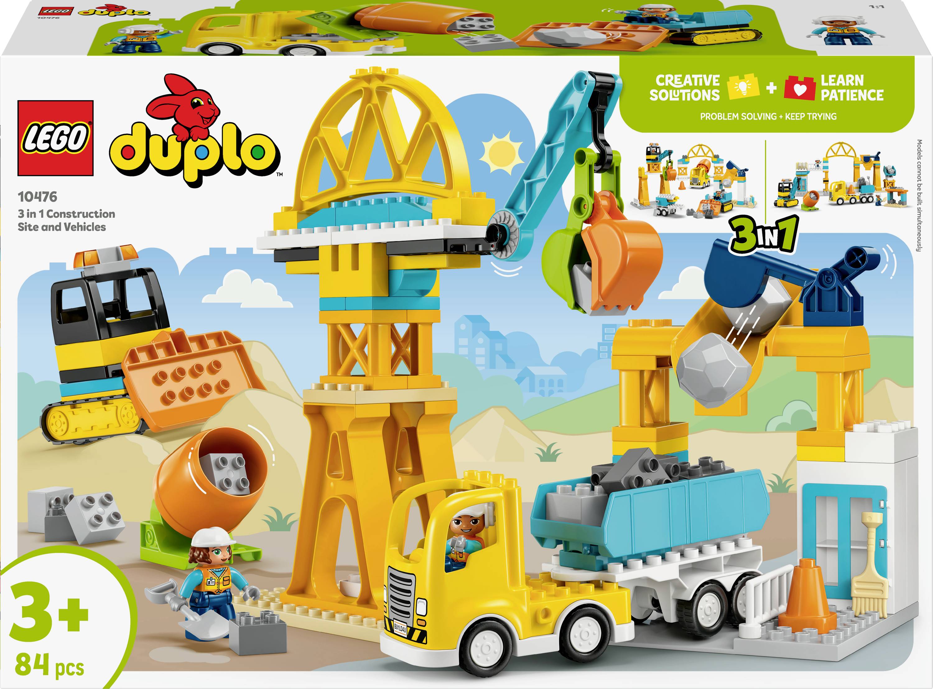 A LEGO Duplo 3-in-1 construction set box featuring a truck, crane, and bulldozer with a construction worker figure and 84 pieces.