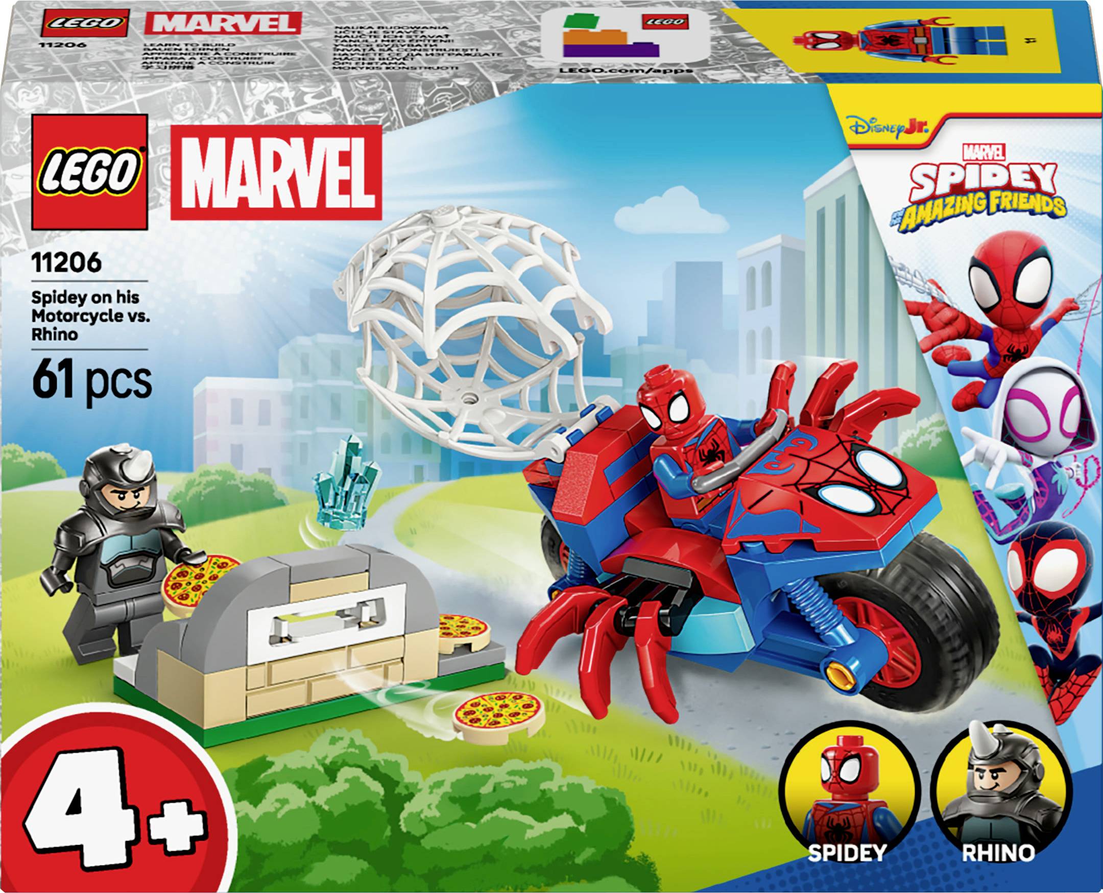 LEGO Marvel set for ages 4+, featuring Spidey on a motorcycle with web, and Rhino with a safe. Includes 61 pieces.