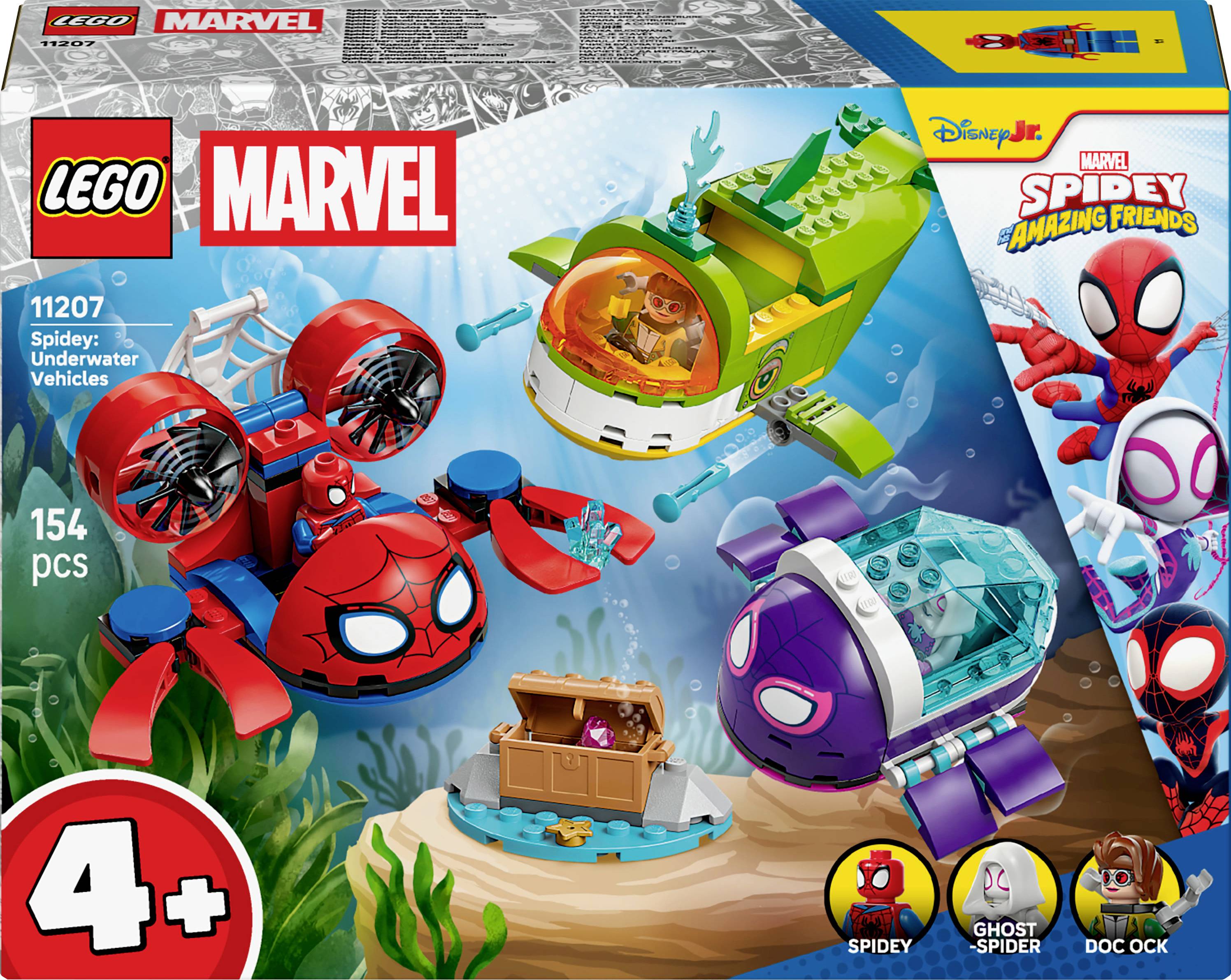 'LEGO Marvel' set featuring underwater vehicles themed after Spidey and Amazing Friends. Includes designs of Spidey, Ghost Spider, and Doc Ock. For ages 4+.