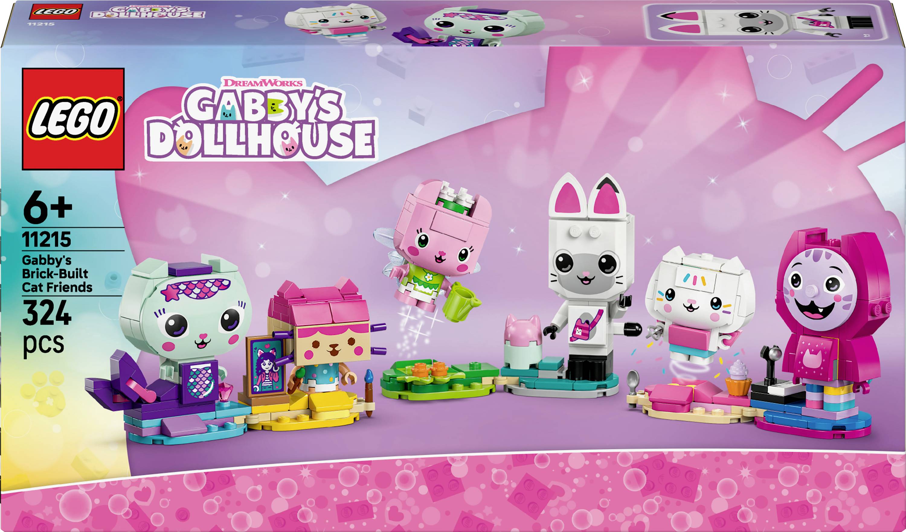 'Lego Gabby's Dollhouse set with colorful cat characters and playful accessories for ages 6+, 324 pieces.'