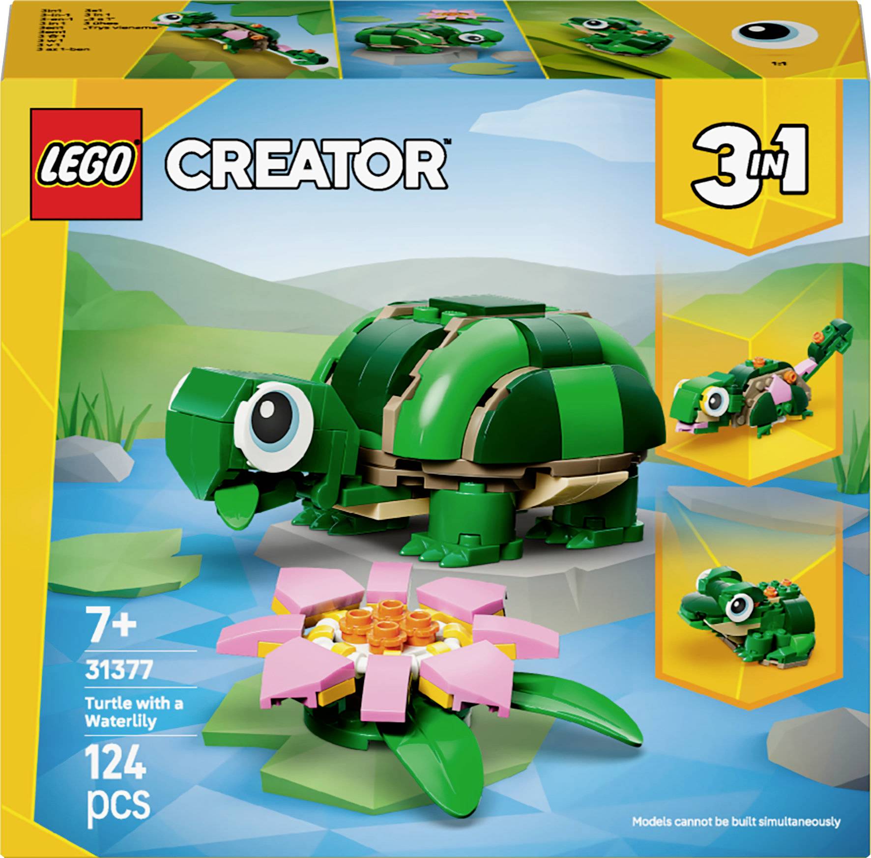 'Lego Creator 3-in-1 Turtle' set packaging. Shows turtle model with a waterlily, alternative build ideas, 124 pcs for ages 7+.