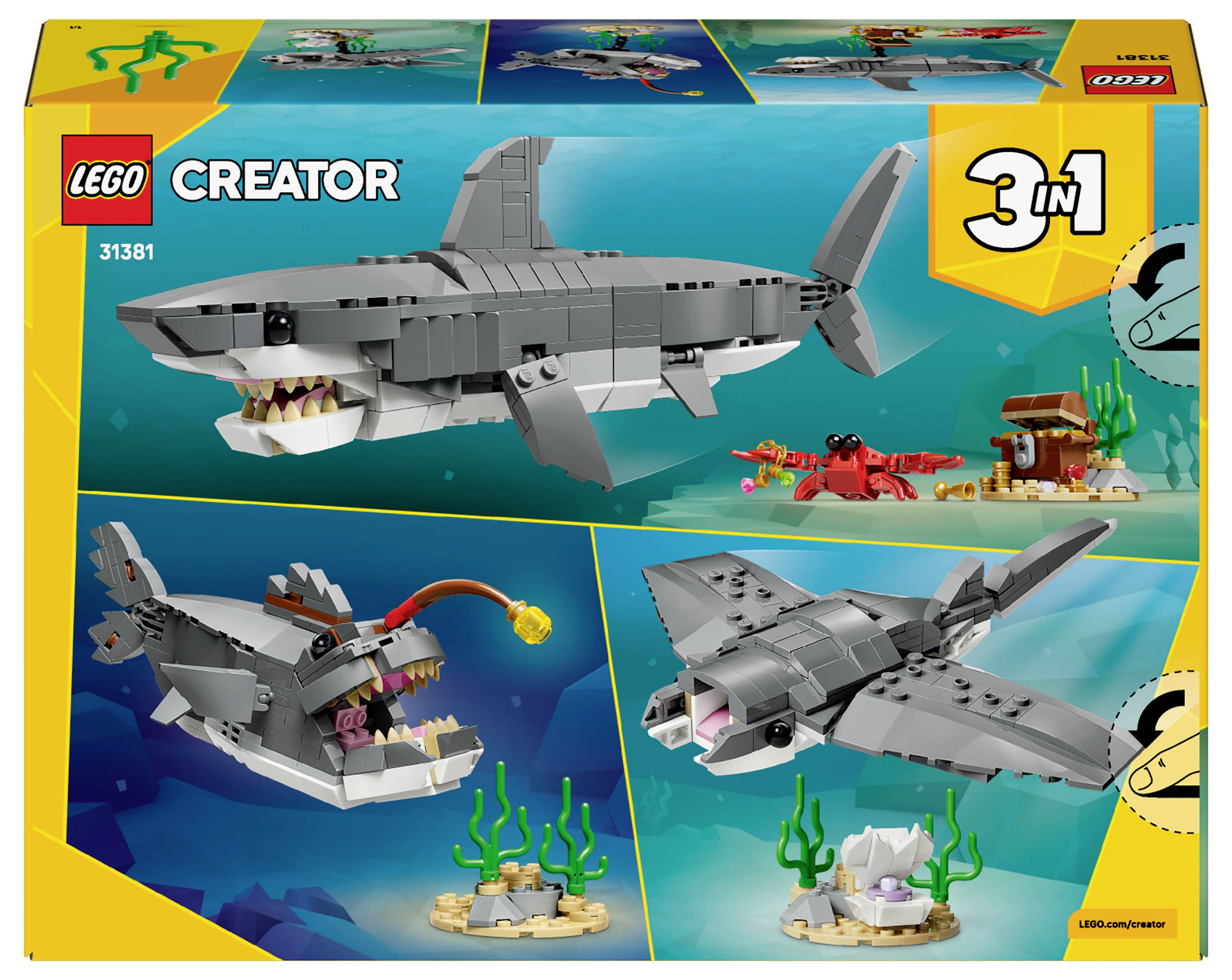 Lego Creator 3-in-1 Shark set box showing three sea creature builds: shark, deep-sea fish, and manta ray, with background scenes.