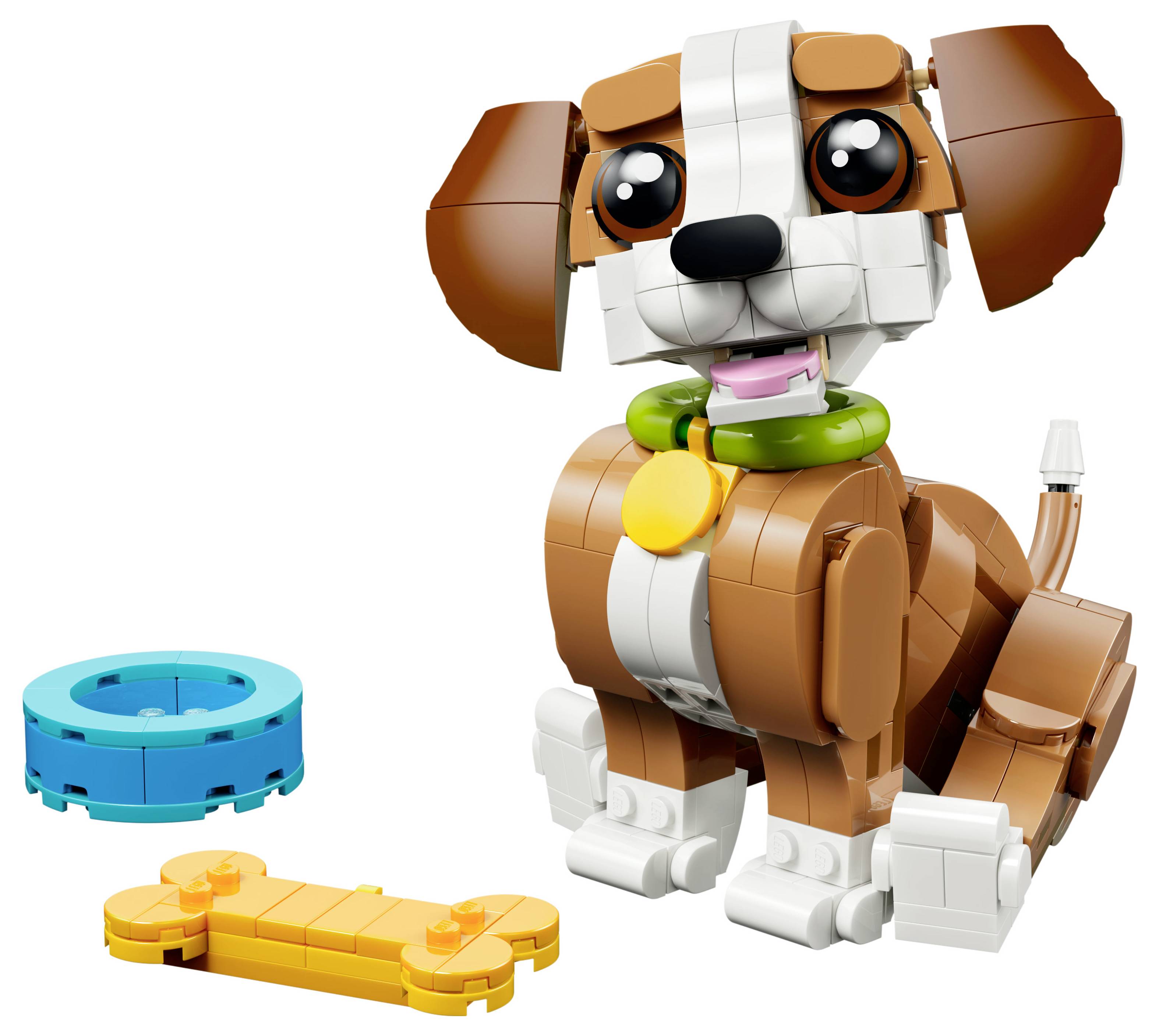 A Lego-style toy dog model with a green collar, sitting beside a blue bowl and a yellow toy bone on a white background.