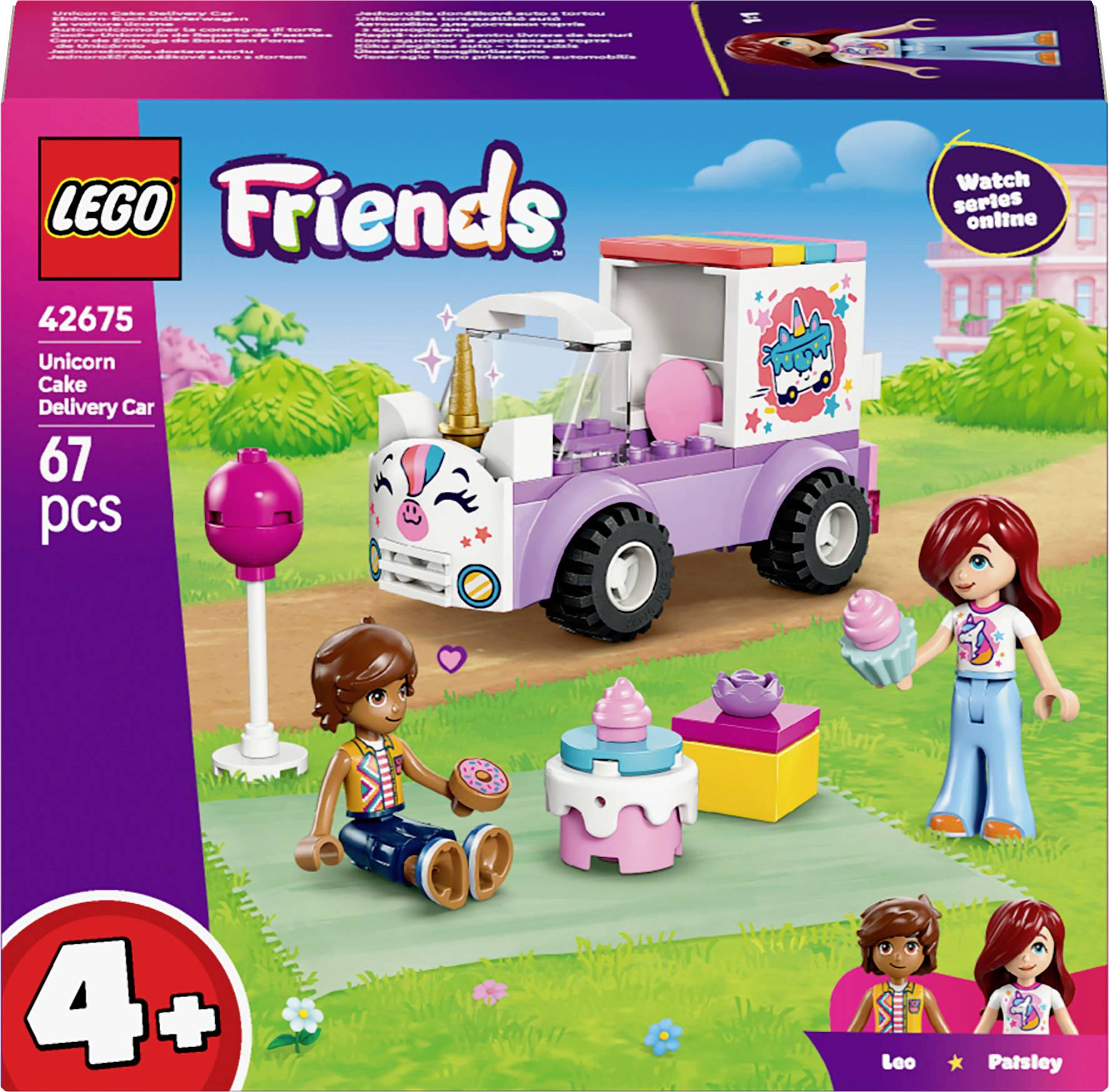 A colorful Lego set box showing a Unicorn Cake Delivery Car and two characters, set in a playful outdoor scene. Suitable for ages 4+.
