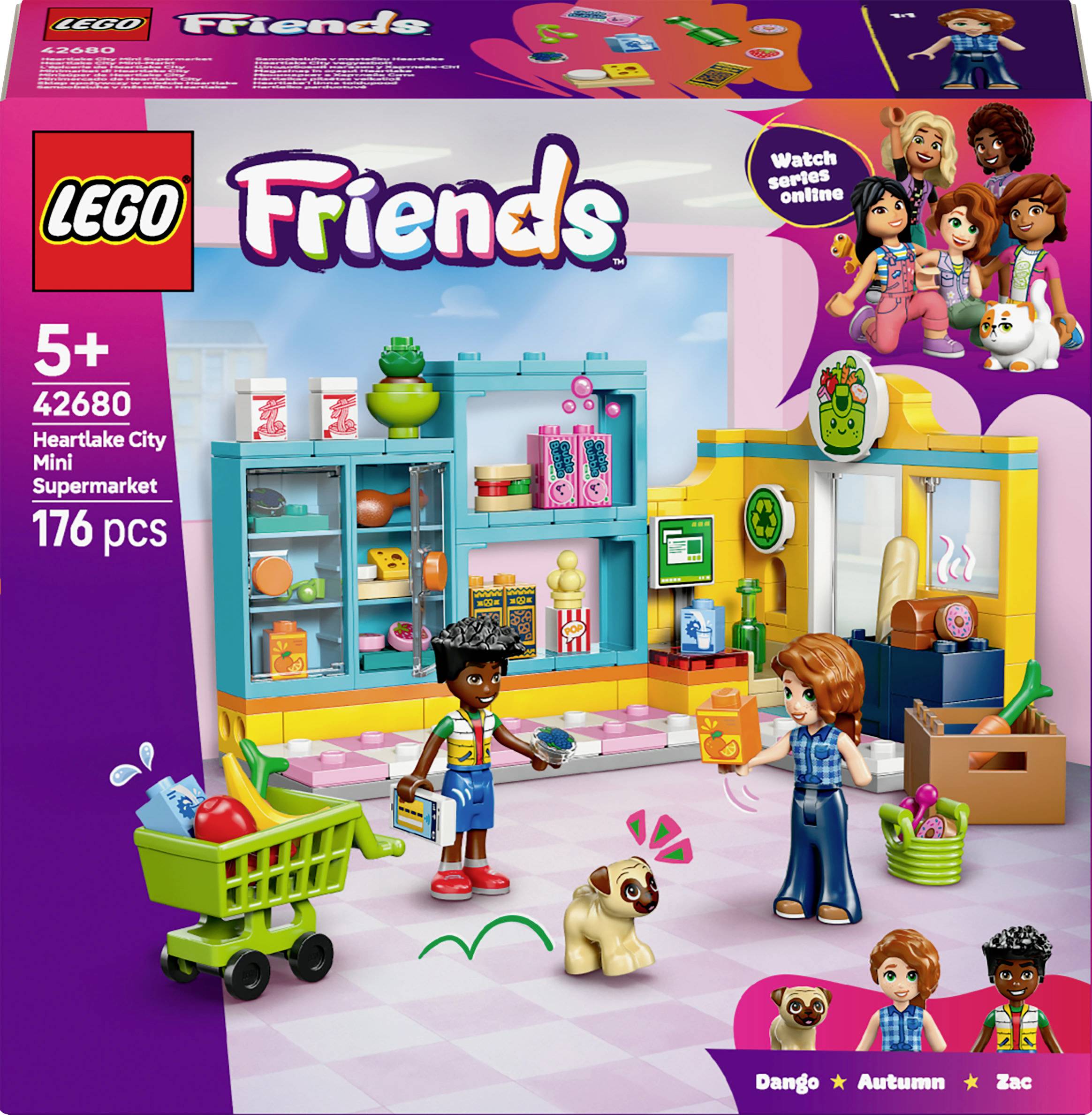 LEGO Friends set showing a Heartlake City Mini Supermarket with characters shopping. Includes shelves, a checkout, and a cart.