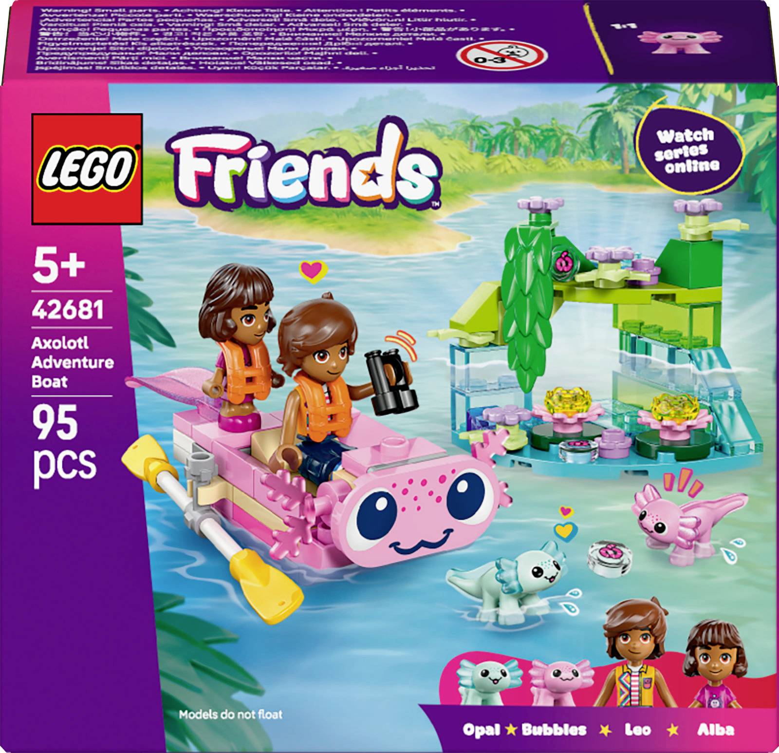 Lego Friends box depicting two characters on an axolotl-themed boat, with decorative axolotls nearby. Set labeled 'Axolotl Adventure Boat'.